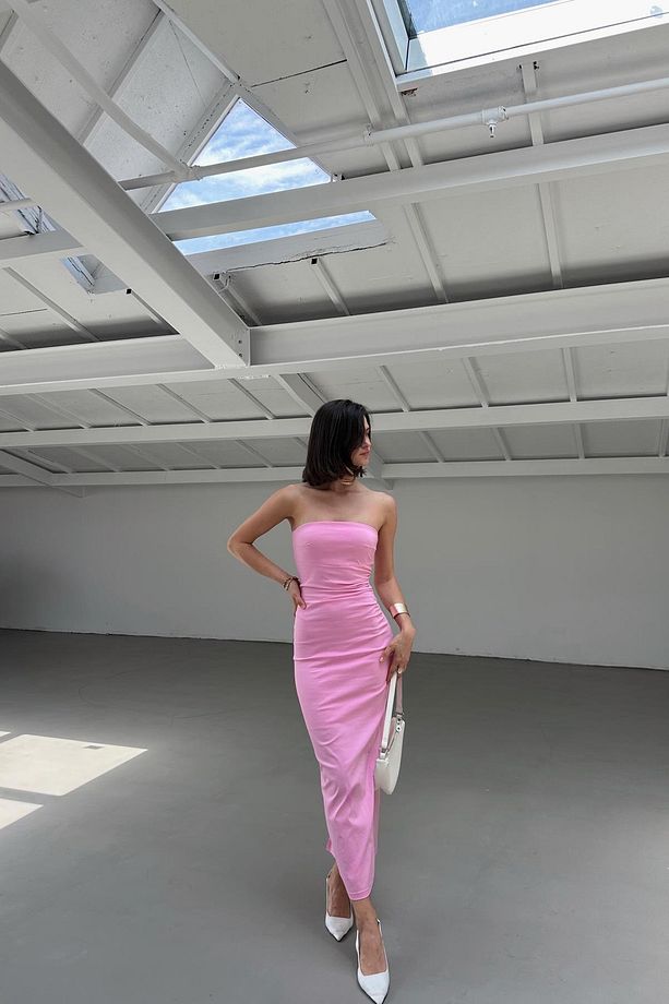 Straplez Midi Elbise Pembe - 2