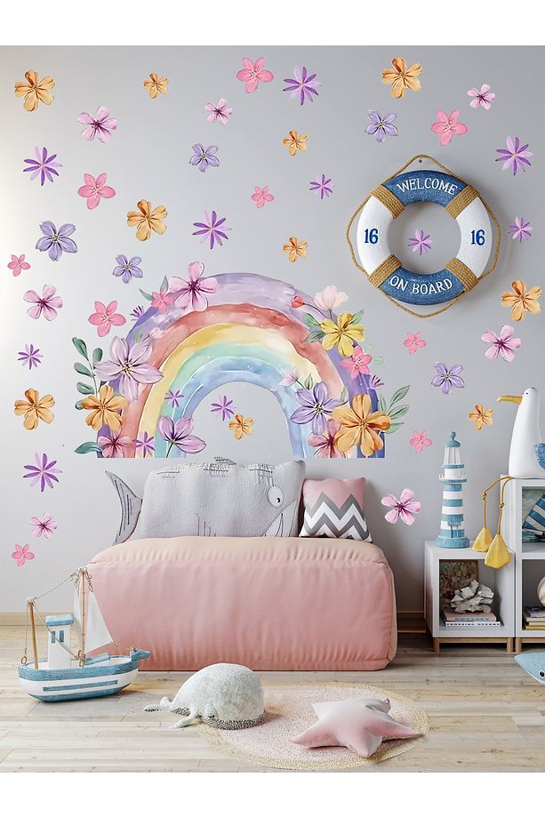 Suluboya Çiçek Desenli Gökkuşağı ve Çiçekler, Bebek Çocuk Odası, Dolap, Duvar Sticker 50 x 100 cm - 1