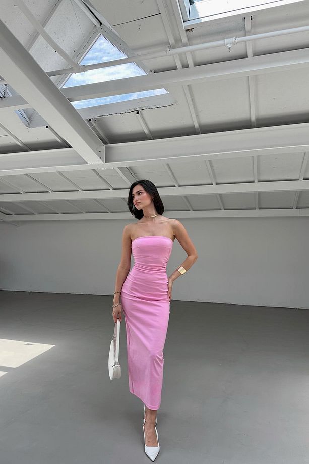 Straplez Midi Elbise Pembe - 1