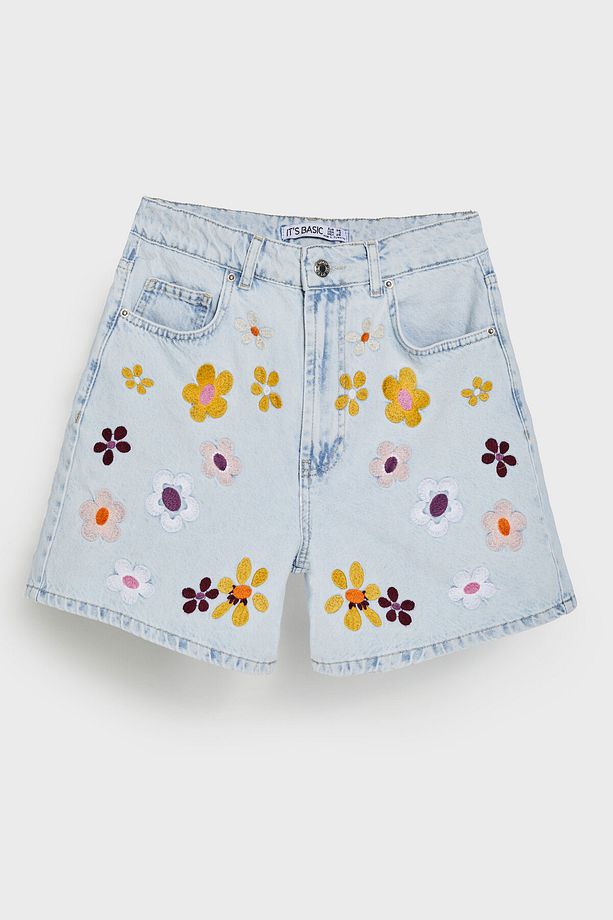 Kadın Ice Kot Rengi 3s5-3 Renkli Çiçek Nakışlı Midi Boy Rahat Kesim %100 Koton Tasarım Denim Şort - 1