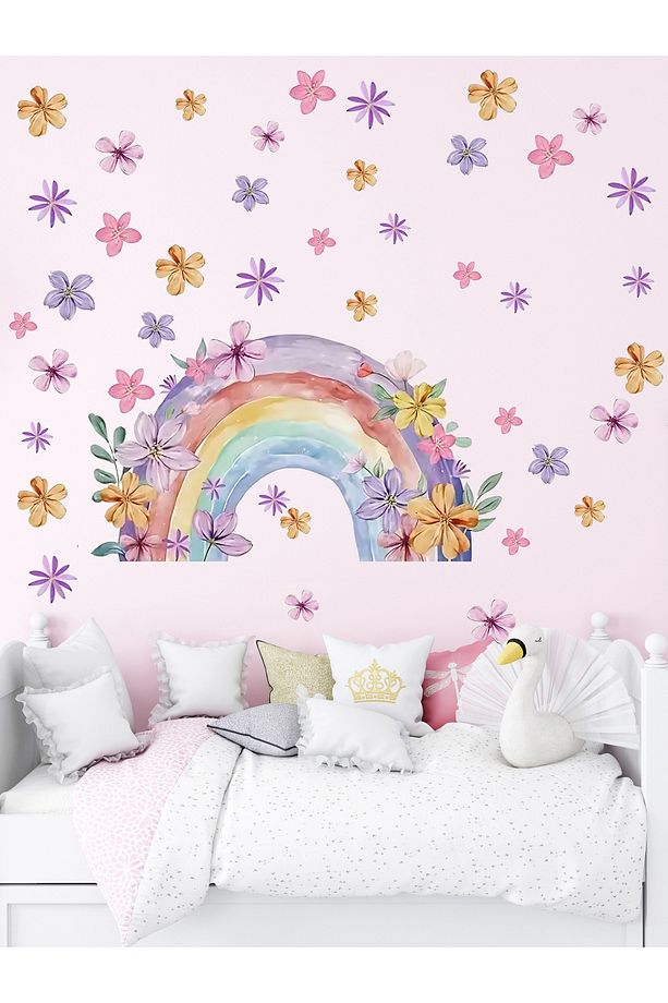 Suluboya Çiçek Desenli Gökkuşağı ve Çiçekler, Bebek Çocuk Odası, Dolap, Duvar Sticker 50 x 100 cm - 2