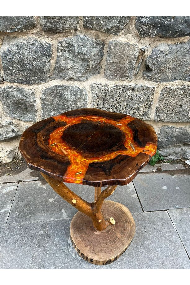 Ceviz Ağacından El Yapımı Ahşap Epoksi Yuvarlak Sehpa - Ayaklar Dut Ağacı/Parlak - 53*52 cm - 3