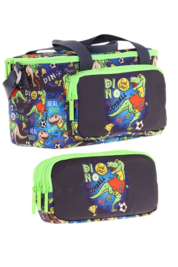 Lunchbox and Pencil Bag Set - Boy - Navy Blue Green Dinosaur Printed