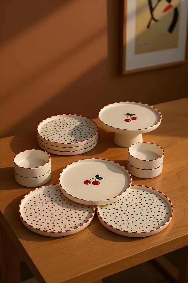 11 Parça Kiraz Desenli Stackable Kahvaltı Takımı – 6 Kişilik Sunum ve Servis Tabağı Seti - 2