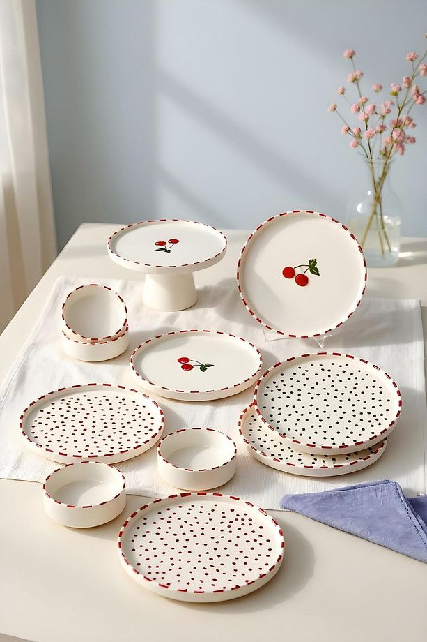 11 Parça Kiraz Desenli Stackable Kahvaltı Takımı – 6 Kişilik Sunum ve Servis Tabağı Seti - 1