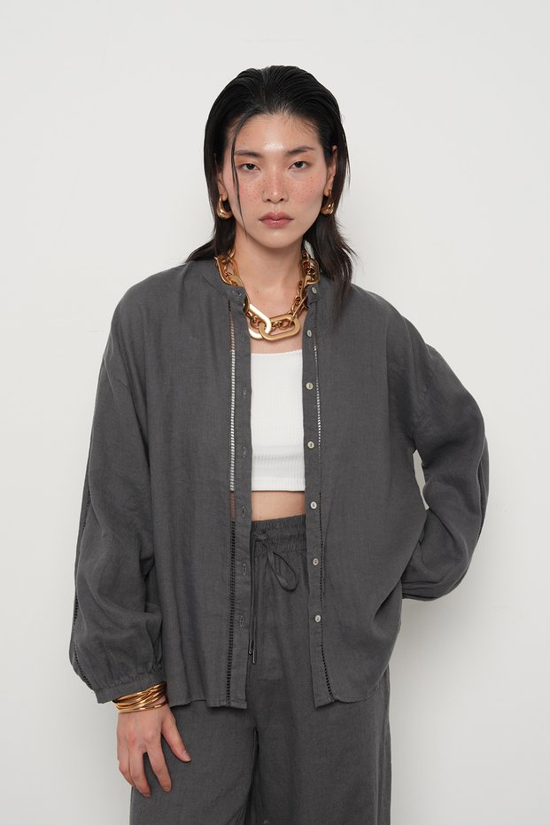 Women's Anthracite Color Judge Collar Shirt with Lace Detail on the Front and Sleeves