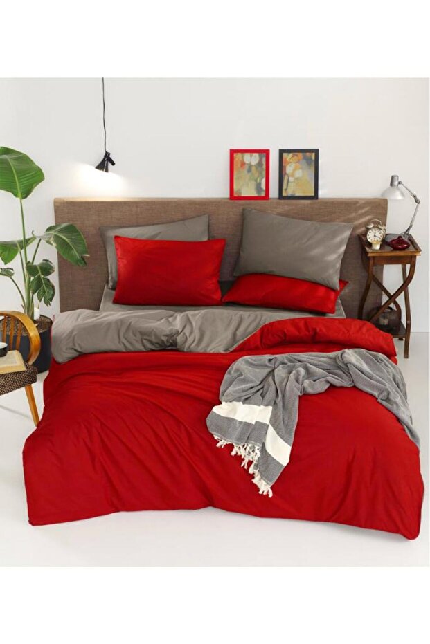 Natural Double Sided Double Duvet Cover Set Red Gray