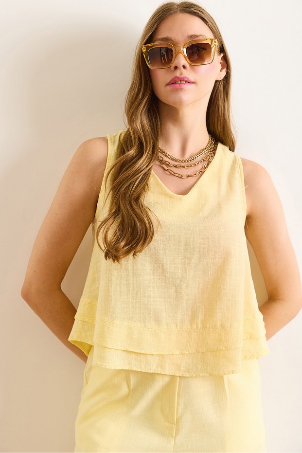 Women's Yellow V-Neck Linen Look Flam Bell Blouse Blz-19003060
