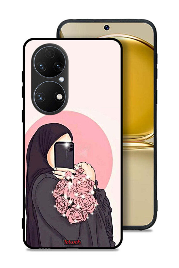 غطاء حماية لهاتف Huawei P50E مع فن التقاط صور سيلفي أثناء حمل الزهور