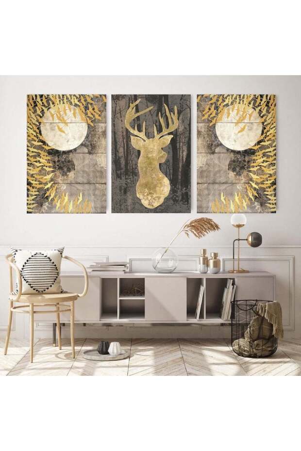 Three modern canvas paintings of a deer with a hollow silver frame