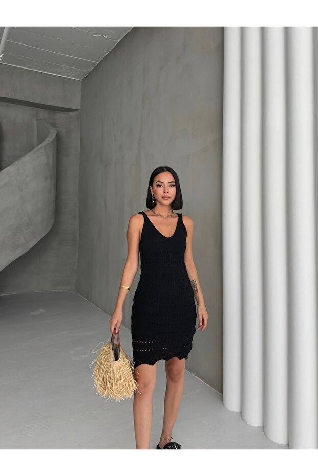 Μαύρο Μίνι Πλεκτό Φόρεμα Παραλίας - 7