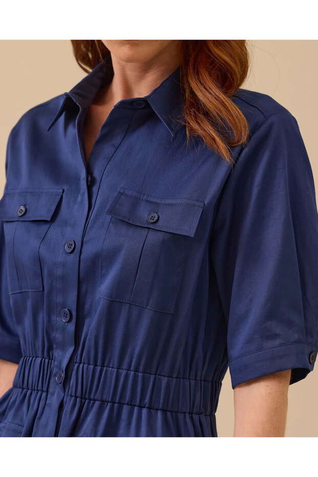 Elastik Bel Katlı Etek Detaylı Düğmeli Elbise - 5