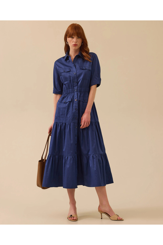 Elastik Bel Katlı Etek Detaylı Düğmeli Elbise - 1