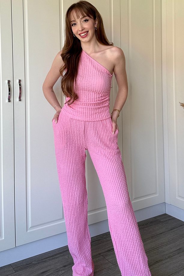 Gofre Kumaş Tek Omuzlu Pembe Takım - 3