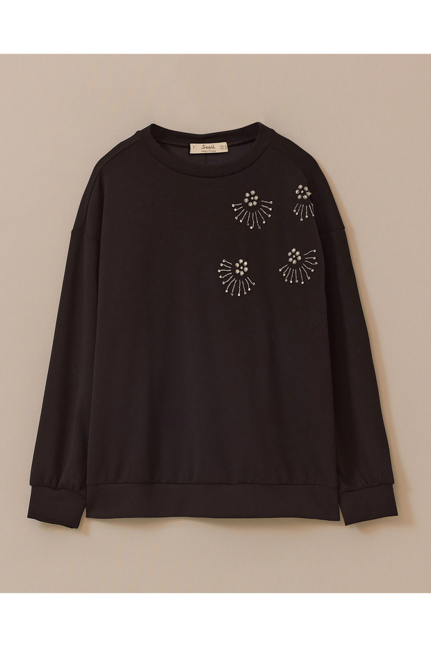Yuvarlak Yaka Taş İşlemeli Sweatshirt - 6