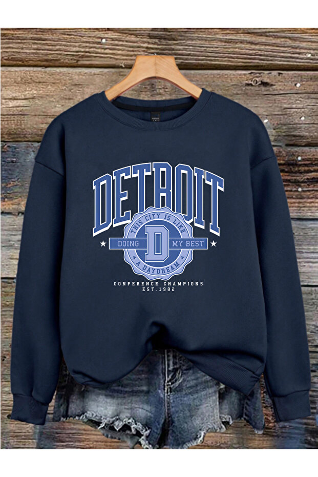 Detroit Printed 3 Threads Crewneck Long Sleeve Women Sweatshirt