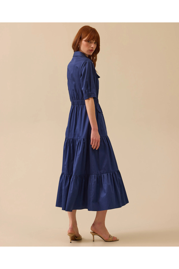 Elastik Bel Katlı Etek Detaylı Düğmeli Elbise - 4