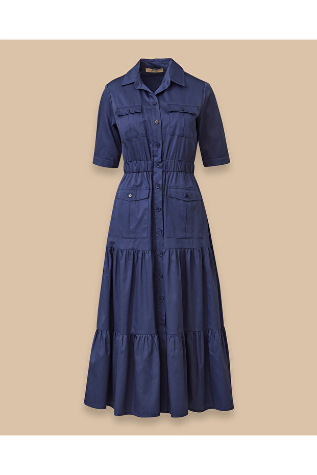 Elastik Bel Katlı Etek Detaylı Düğmeli Elbise - 6