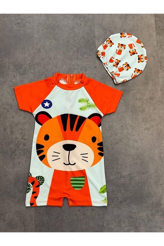 Boy's Tiger Character Printed Full Body Back Zippered Jumpsuit Swimsuit Two-Piece Set