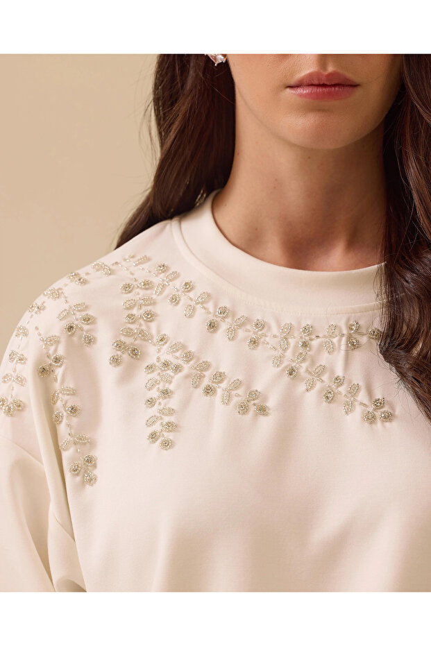 Yuvarlak Yaka Taş İşlemeli Sweatshirt - 5