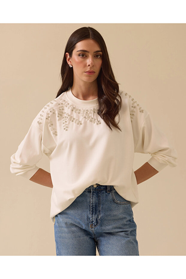 Yuvarlak Yaka Taş İşlemeli Sweatshirt - 3