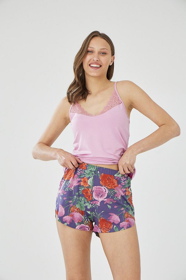 Yakası Dantel Detaylı Çiçekli Şort Pijama Takımı - 2