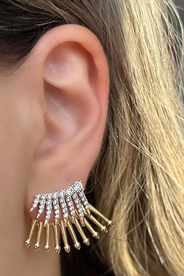 Steel Rose Gold Zircon Stone Eyelash Design Earrings