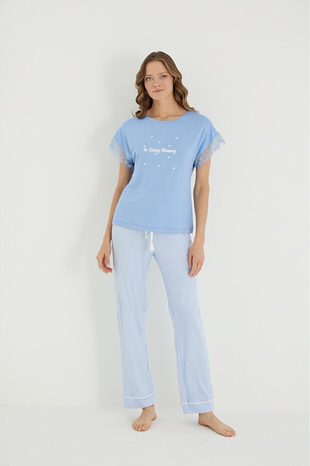 Lace Detailed Sleeves Letter Printed Striped Pajama Set