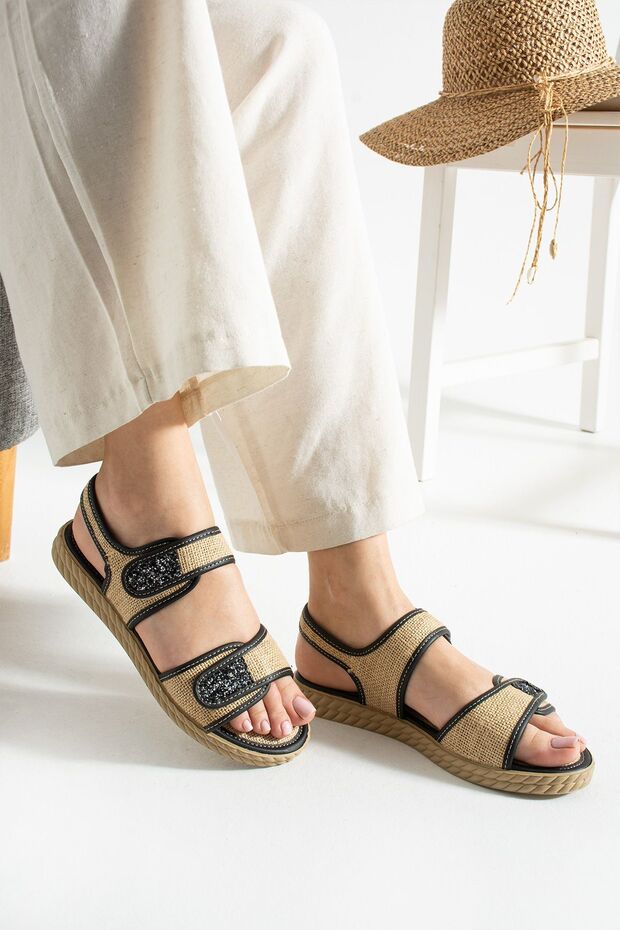Women's Daily Single Velcro Straw Detailed Sandals Summer Anti-Sweat Comfortable Sole Linen Slippers