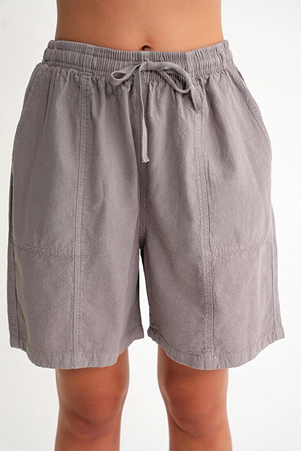 4732 Kadın Şehir Boy Parça Boyalı Basic Şort Antik Gri - 5
