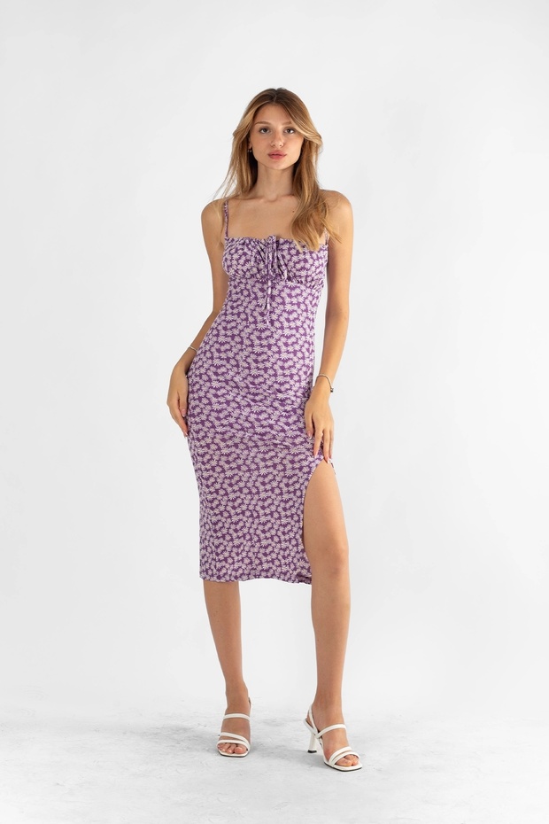 فستان متوسط ​​الطول بحزام منقوش من زهرة الأقحوان - 2