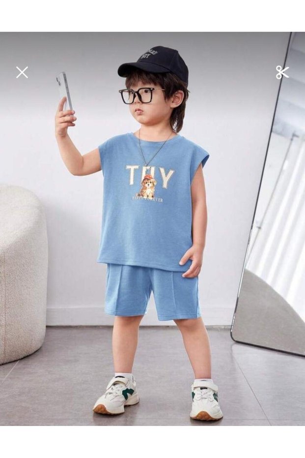 Comfortable Children's Toy Printed Strap Crew Neck Bottom Top Set