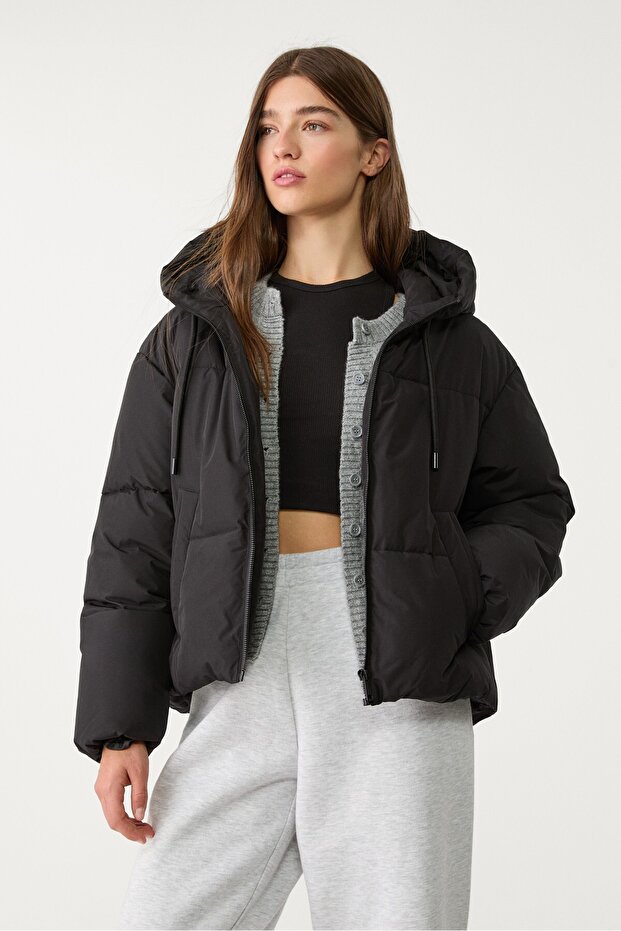 Kapüşonlu oversize şişme mont - 1