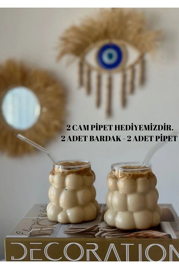 Bubble Tasarımlı 2’li Cam Bardak ve cam pipet– 300 ml Şık bardak - 1