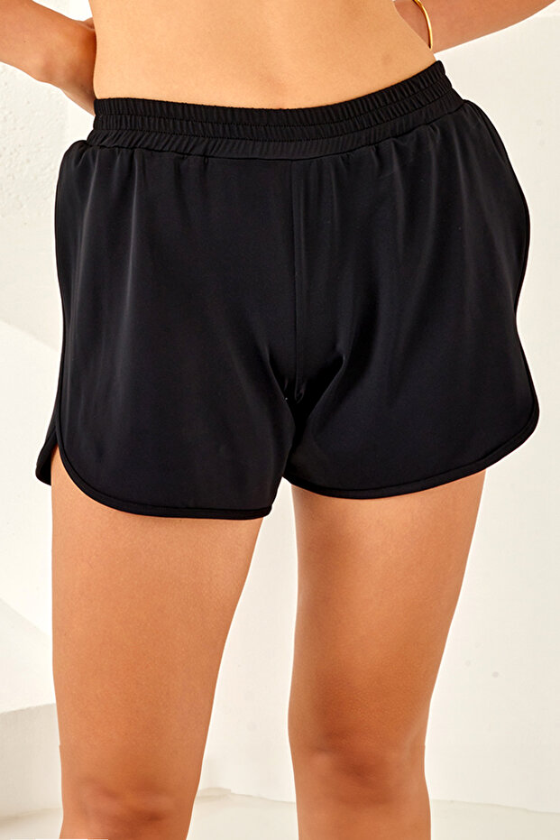 Women's Pool Sea Waist Drawstring Slit Shorts 4412 Black01