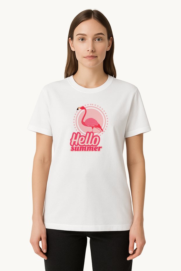 Women's White T-Shirt Pink Flamingo Printed Summer T-Shirt
