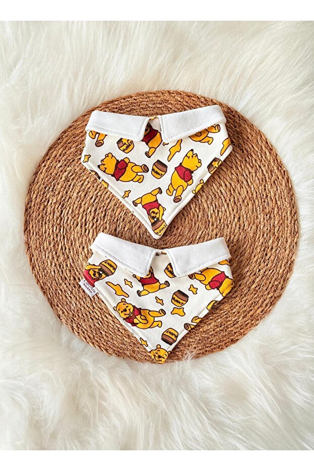 Baby 100% Cotton Double Layer Winnie Teddy Bear Polo Neck Scarf Bib - Drool Bib 2 Pieces - White