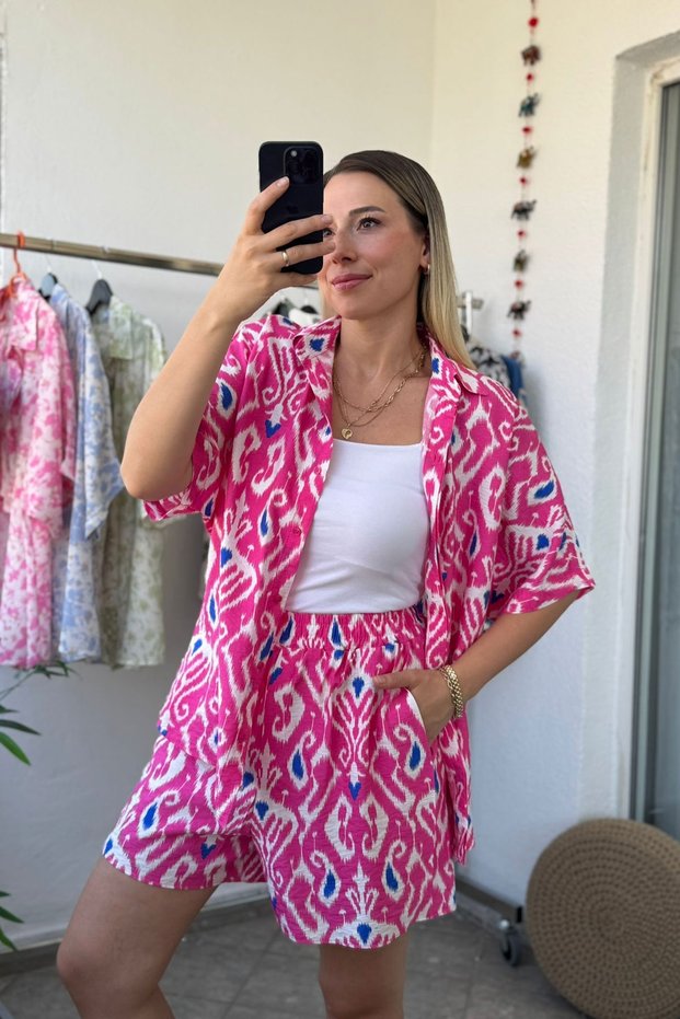 Modal Fuchsia Short Sleeve Shirt Shorts Set