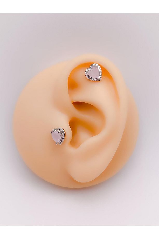 Cerrrahi Çelik Piercing ( Pirsing ) Pembe Taşlı Şık Kalpli Tragus Helix Piercing (1adet) - 1