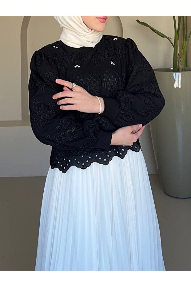 تونيك مبطن بحجر على شكل رقبة دائرية - أسود - 3