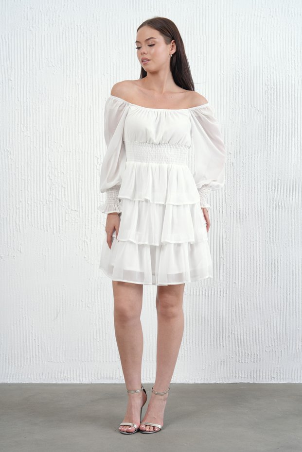 Women's Skirt Floor Detail Chiffon Fabric White Dress with Gipeli Lining at the Waist 078