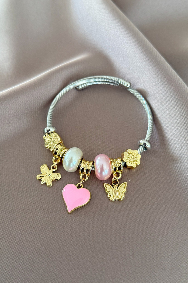 Pink Butterfly Heart Charm Bracelet