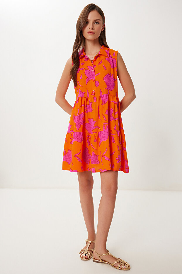 Women's Orange Pink Patterned Flounced Summer Viscose Dress İy00002