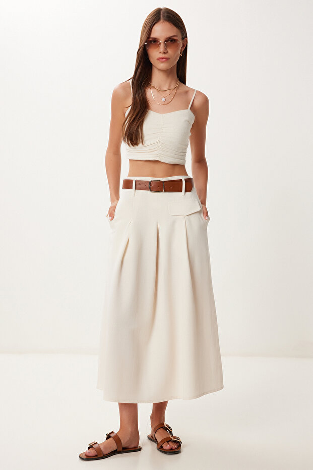 Women's Cream Belted Summer Flared Linen Skirt Bv00161