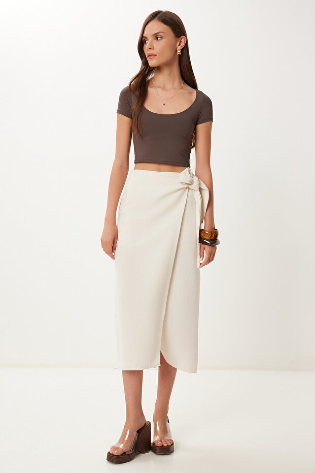 Women's Cream Binding Detailed Asymmetrical Linen Skirt Bv00132
