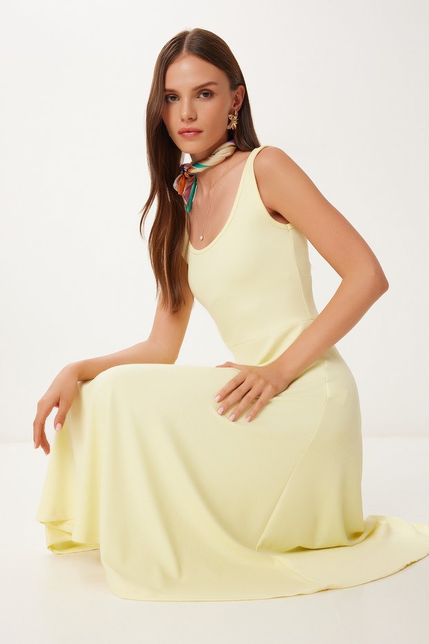 Women's Yellow Strap Summer Ribbed Knitted Midi Dress Dz00130