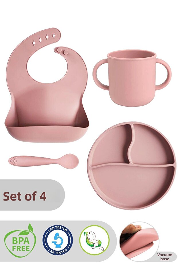 4-Piece Pink Silicone Feeding Set - Bib, Spoon, Cup with Handle and Vacuum Plate