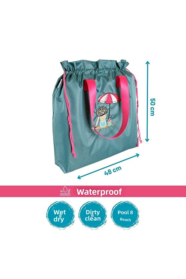 Turquoise Umbrella Pattern Waterproof Wet Dry, Dirty Clean, Beach Pool Functional Bag