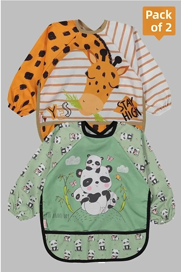 Bebechi Liquid-Proof Wearable 2-Piece Activity and Baby Food Bib with Sleeves (GIRAFFE-PANDA)