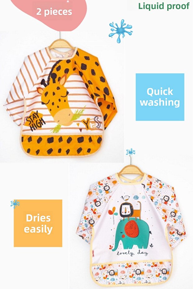 Pack of 2 Giraffe and Elephant Patterned Long Sleeve Baby Food Bibs